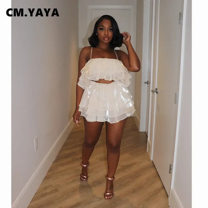 CM.YAYA Chic Women's Set Strap Cascading Ruffles Crop Top and Flare Shorts Skirt 2023 Summer Two 2 Piece Set Outfits Tracksuit