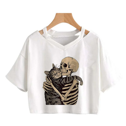 Halloween Skull and Cat Print Cropped T Shirt Sexy Comfortable Women Short Sleeve Crop Tops T-shirt Gothic Vintage Y2k Tees