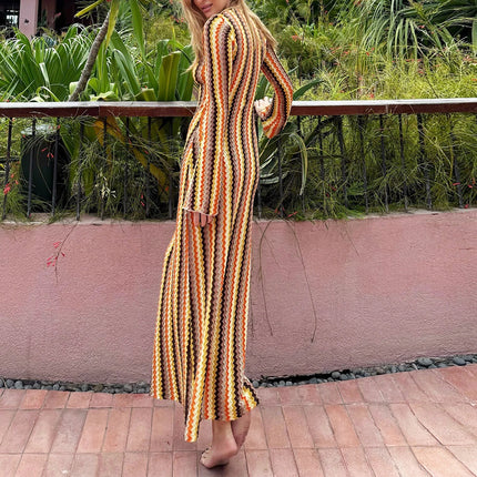 Elegant Deep V Neck Dress Women Sexy Flare Long Sleeve Striped Printed Bohemian Dresses For Women Beach Vacation Dress