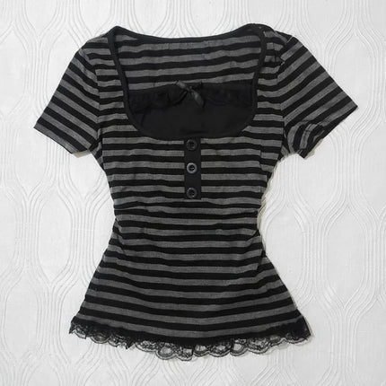 Gothic Harajuku Y2K Women's Crop Top Casual Slim Fit Striped Lace Bow Button Design Short Sleeve T-Shirt Chic Trendy Streetwear