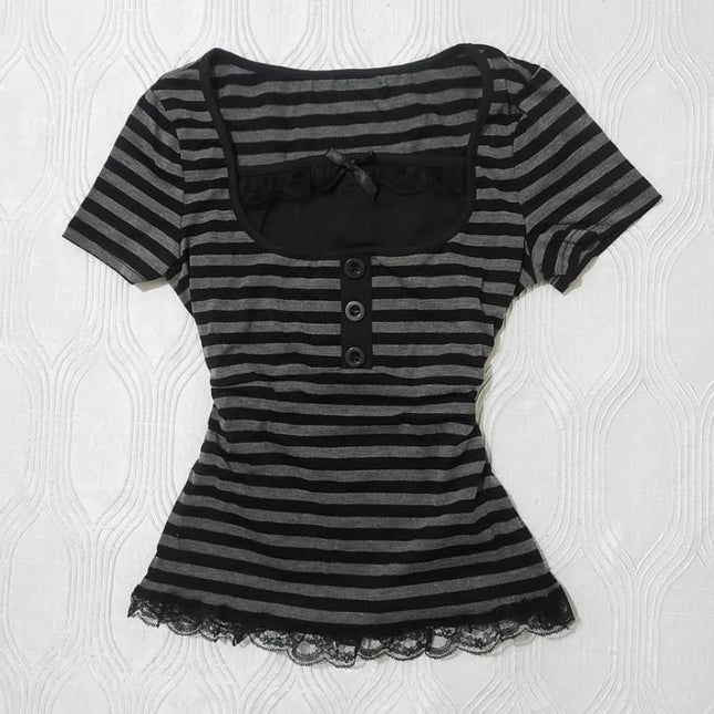 Gothic Harajuku Y2K Women's Crop Top Casual Slim Fit Striped Lace Bow Button Design Short Sleeve T-Shirt Chic Trendy Streetwear
