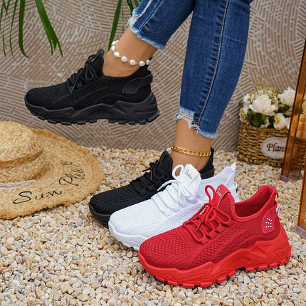 Women's chunky sneakers displayed in black, white and red