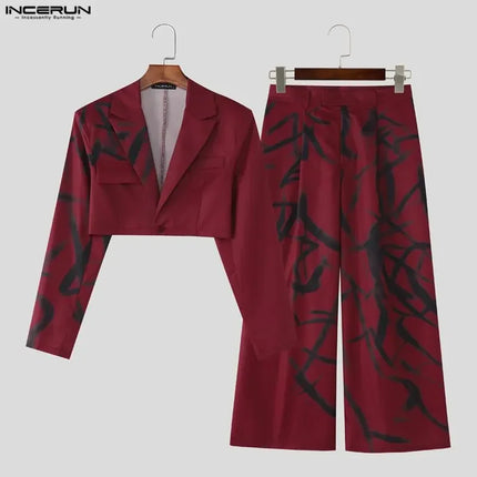 INCERUN Men Sets Printing Lapel Long Sleeve Crop Blazer & Pants Two Pieces Sets Streetwear Loose Fashion Men Casual Suits S-5XL