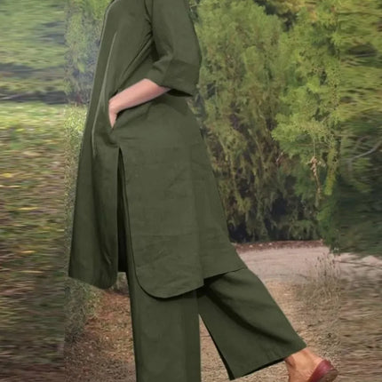 Muslim Women Wide Leg Pant Sets Shirts Loose Solid Two Piece Set V Neck Full Sleeve Long Tops Button Spliced Musulman Ensembles