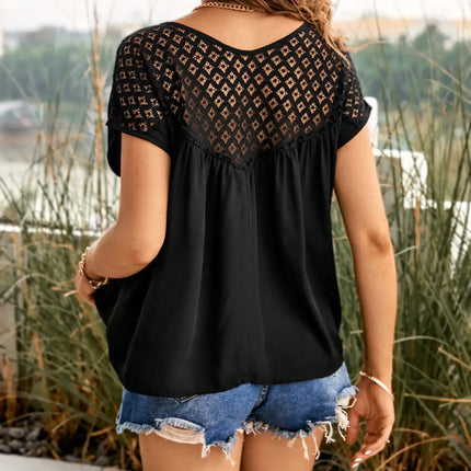 Women's Black Round Neck Chiffon Blouse, Back Hollow Lace Loose Short Sleeve Top, Breathable Casual Shirt For Ladies Daily Wear