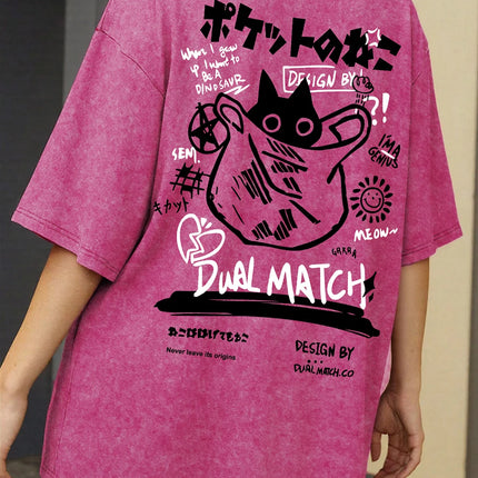 Women Cartoon T-Shirts Vintage Summer Harajuku Kawaii Cat Printed Short Sleeve Tees Couple Streetwear Loose Clothes Cotton Tops