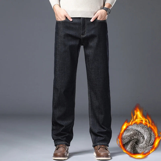 Men's Fleece Lined Thicken Jeans Winter Warm Stretch Slim Fit Denim Pants Comfortable Soft Trousers for Daily Work Wear Clothing
