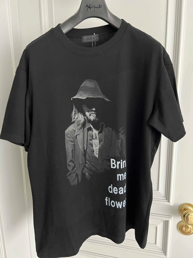TOP-YAMAMOTO Original Design T-Shirt aus reiner Baumwolle mit schwarzem Aufdruck, dunkles T-Shirt