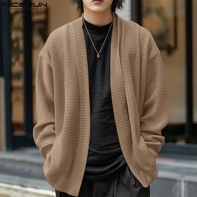 INCERUN 2025 Elegante cárdigan de hombre de punto, informal, liso, suelto, de manga larga, cárdigan, ropa de calle, suéter de otoño para hombre