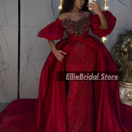 Gorgeous Red Evening Dresses With Detachable Train Crystal Sequin Mermaid Wedding Party Dress Dubai Prom Gowns Customized