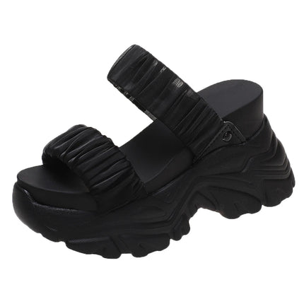 New 10CM Summer Platform Slippers Women Blue Pleated Riband Discolor Ladies Chunky Sole Beach Cool Wedges Slides Shoes Woman