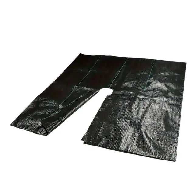 Single black square woven weed barrier mat with center cutout on a white background