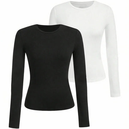 Solid-color long-sleeved T-shirt - Polyester knitted fabric, round neck, regular fit, fall-winter style