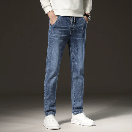 Warm Winter Jeans Men's Fleece Light Blue Slim Straight Denim Pants High Quality Thicken Velvet Elastic Comfort Casual Trousers