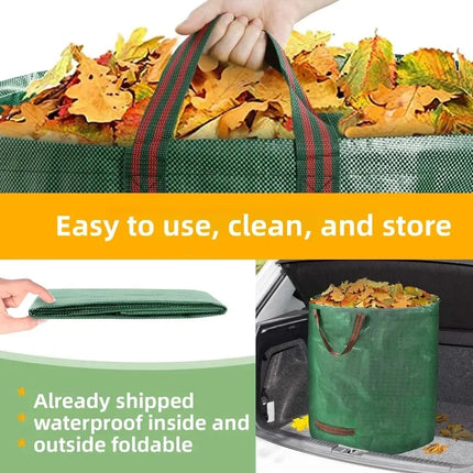 Garden bag shown full, folded, and stored in a car trunk