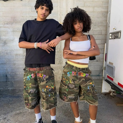 Y2K American Vintage Camouflage Pocket Denim Shorts Men Hip Hop Style Holes Trendy Streetwear Unisex Baggy Jeans Shorts Pants