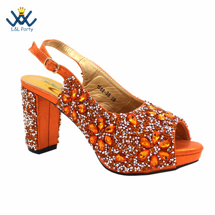 2025 Italian Design Classics Style Shoes and Bag Set in Orange Color INS New Arrivals High Quality Full Crystal with Platform