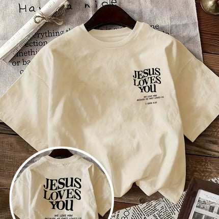 2026 New Women's Round Neck Fashionable Letter Cartoon Print Fashion Short Sleeve Casual T-Shirt Jesus Loves You Round Neck Tee