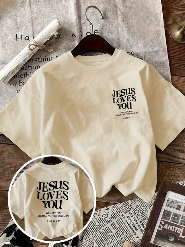 2026 Neues Damen Rundhals Mode Buchstabe Cartoon Print Mode Kurzarm Casual T-Shirt Jesus Loves You Rundhals-T-Shirt