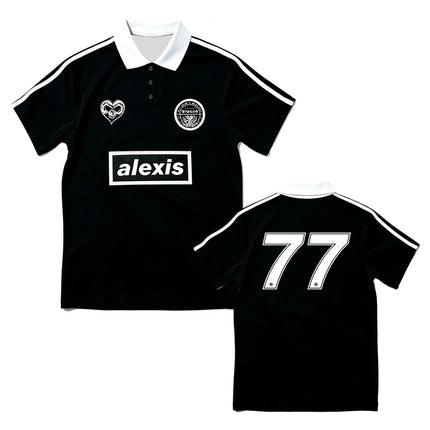 ALEXISONFIRE Letter 77 Number Print Polo Soccer Jersey Men Women Short Sleeve Streetwear Couple Football Sports Uniform Shirts