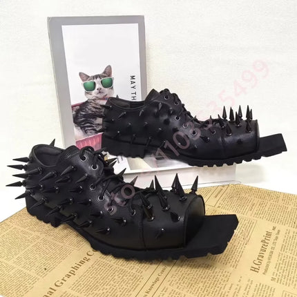 Women's Black Leather Hog Toe Boots Punk Y2K Chunky Heel Lace-Up Casual Spiked Pumps Street Fashion Spring 2026