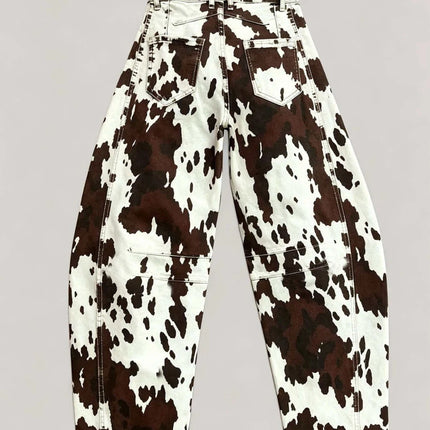 High Waist Cow Print Curved Knife Jeans Slimming Versatile Cow Patterned Stretch Denim Trousers for Women