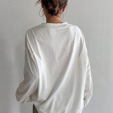 Women Basic Long Sleeve Loose O-neck T-shirt Autumn Winter Solid Color Tee Top Streetwear