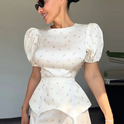 Women's White Floral Print Puff Sleeve Dress With Waistband Fashion Satin Ruffled Hem Maxi Dress Lady 2026 Elegant Party Robes