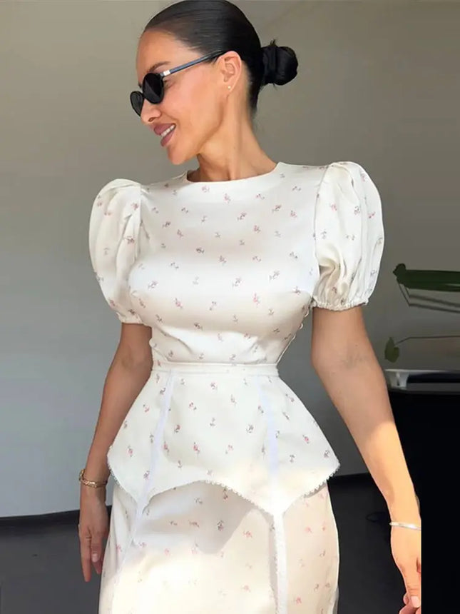 Damen Weißes Maxikleid mit floralem Print, Puffärmeln, Taillenbund, Satin-Rüschensaum, modisch, Elegant, für Partys 2026