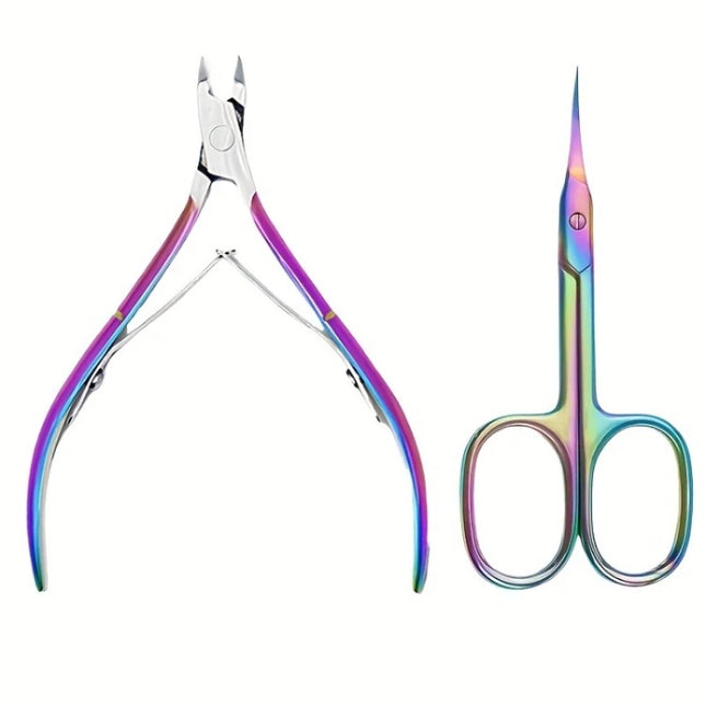 2tlg. Set Farbiger Titan-Edelstahl Professionelles Nagelpflegeset Regenbogen Maniküre und Pediküre Kit Nagelhautzange