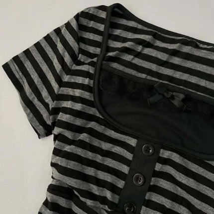 Gothic Harajuku Y2K Women's Crop Top Casual Slim Fit Striped Lace Bow Button Design Short Sleeve T-Shirt Chic Trendy Streetwear