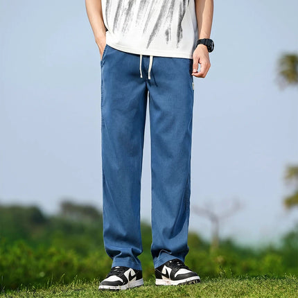 Men's Summer Soft Lyocell Fabric Jeans Thin Loose Straight Denim Pants Drawstring Elastic Waist Casual Trousers Plus Size M-5XL
