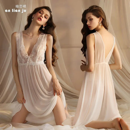 Sheer Mesh Fairy Nightdress for Girls Long Sexy Sleepwear Gown with Jacquard Lace Trim Whimsical Home Lounge Set for Women
