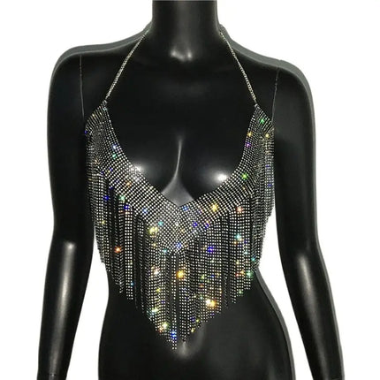 Bling Rhinestones Tassel Party Crop Top Woman Fashion Halter Neck Backless Design Full Diamond Sequins Nightclub Clubwear