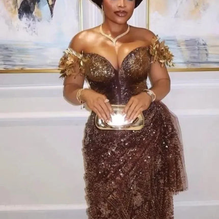 Luxury Brown Sequin Evening Dresses African Wedding Party Dress Aso Ebi Birthday Dress Mermaid Formal Gown for Women Custom