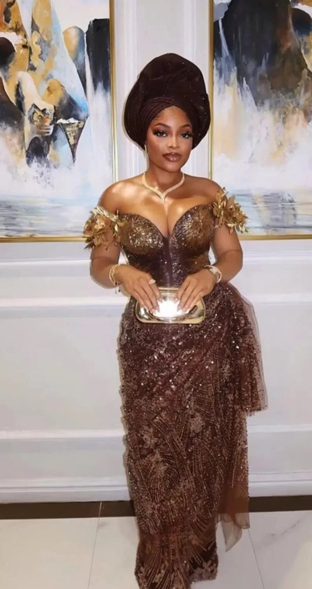 Luxuriöse braune Pailletten-Abendkleider Afrikanische Hochzeits-Partykleider Aso Ebi Geburtstags-Kleid Meerjungfrauen-Abendkleid für Damen Maßanfertigung