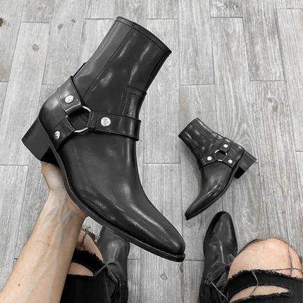 Black Buckle Genuine Leather Ankle Boots for Men Low-heeled Western Boots Safety Shoes Man for Work Handmade Winter Desert Boots