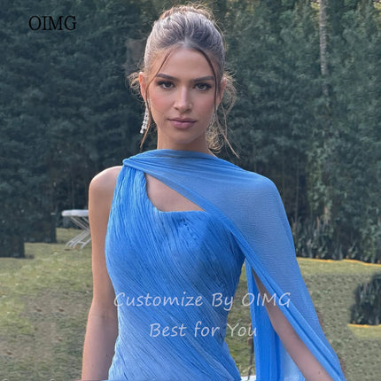 OIMG Gradient Blue A Line Prom Gowns One Shoulder Pleated Party Gown Floor Length Evening Dress vestidos de festa Customized