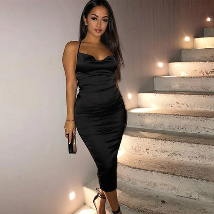 Neon Satin Lace Up Long Midi Dress Light Pink Bodycon Backless Elegant Party Sexy Club Clothes Summer Dinner