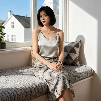 Woman T-shirts Elegant Faux Silk Satin Blouse Sleeveless Female Summer Casual Loose Tanks and Camis Solid Green Tops for Women