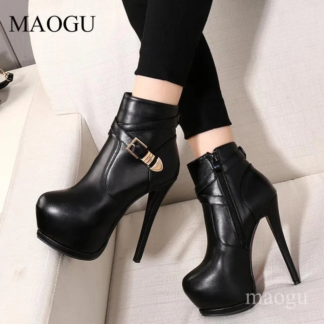 Women's Black Stiletto Ankle Boots Round Toe Buckle Strap High Heel Platform Boots Side Zipper Female Short Botas Botte Femme