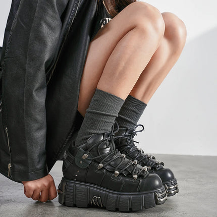 2026 New Brand Punk Style Women Shoes Lace-up heel height 6CM Platform Shoes Woman Rock Boots Metal Decor Woman Sneakers