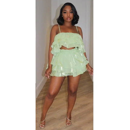 CM.YAYA Chic Women's Set Strap Cascading Ruffles Crop Top and Flare Shorts Skirt 2023 Summer Two 2 Piece Set Outfits Tracksuit