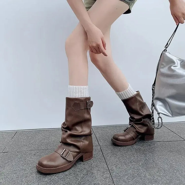 Retro Brown Western Cowboy Boots Slip-on Mid-calf Boots Knee-high Platform Thick Heel Women's Boots Designer Women's Shoes 2025