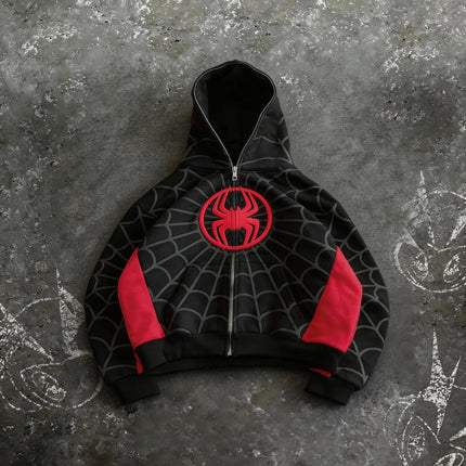 American Retro Spider Patchwork Print Hoodies Fashion Oversized Loose Full Zipper Hoodie Men Jacket Gothic Y2k Street Sweatshirt