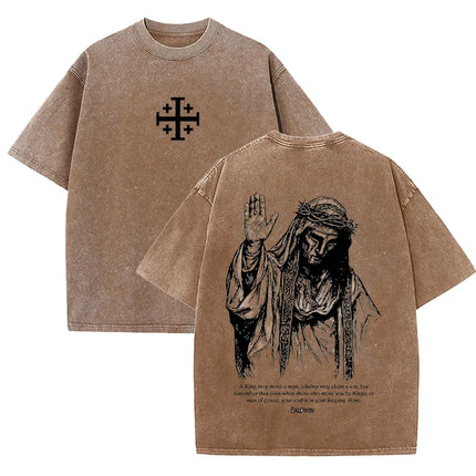 2026 Jesus With Crown of Thorns T Shirt Vintage Washed Grey Graphic Tee Unisex Casual Religious Top