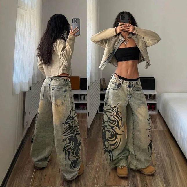 2026 Summer New Vintage Mud Fade Jeans Side Abstract Tribal Print High Waist Loose Wide Leg Euro American Daily Casual Pants