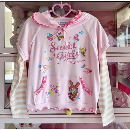 Japanese Kawaii Fungus Edge Fashion Hoodies Y2k Aesthetic Sweet Spliced Striped Long Sleeve Fake Two Piece Punk Print Clothes