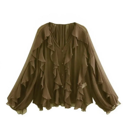 2026 New Summer Women's Elegant Loose Long Sleeve Chiffon Layered Shirts Lady Vintage V-neck Translucent Tierred Ruffles Blouses
