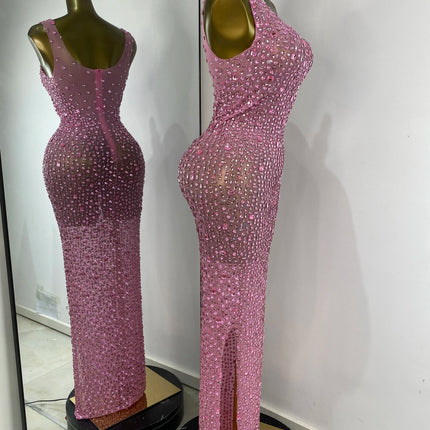 Women Luxury Pink Full Rhinestones Split Maxi Long Dress Birthday Evening Party Nightclub Stage Costomes Celebrity Prom Gowns